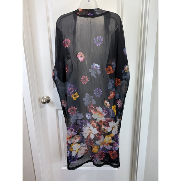 Rachel Zoe Black Floral Sheer Duster Cardigan Kimono One Size Boho Festival Chic - Picture 2 of 9